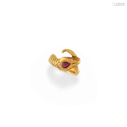 A 18K two color gold, ruby and diamond ring, early 20th