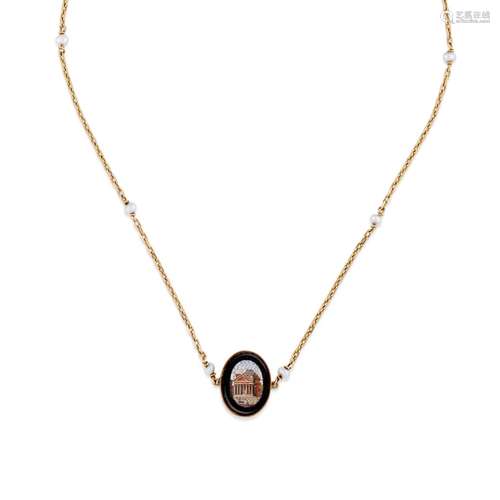 A 18K yellow gold, micromosaic and onyx necklace, end