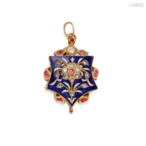 A 18K yellow gold, enamel and colored gemstone pendant,