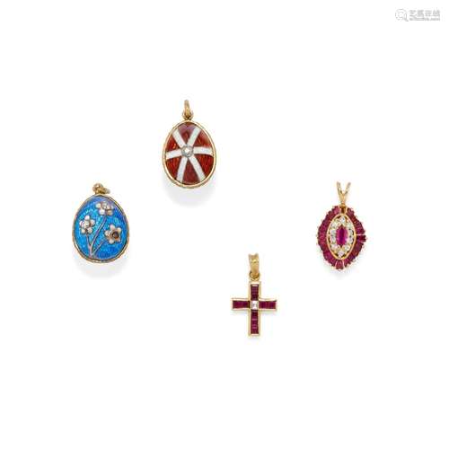 Four 18K yellow gold, silver, enamel, ruby and diamond