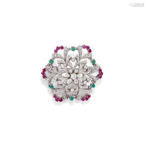 A 18K white gold, ruby, emerald and diamond brooch