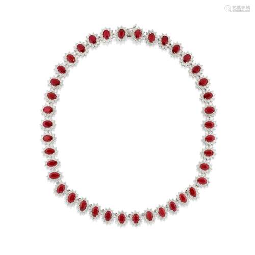 A 18K white gold, ruby and diamond necklace