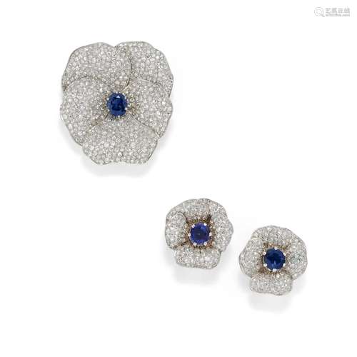 A 18K white gold, diamond and sapphire demi-parure,