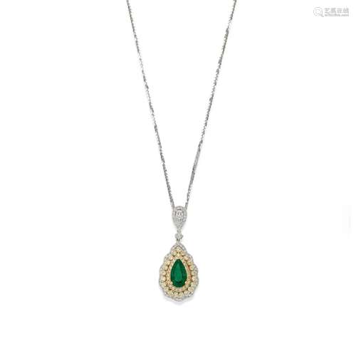 A 18K two-color gold, emerald and diamond necklace