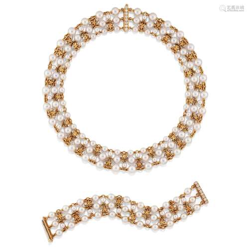 Mikimoto - A 18K yellow gold, diamond and cultured