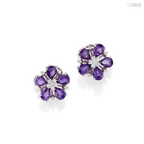 A 18K white gold with amethysts and diamond earrings,