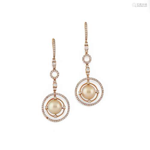 A 18K red gold, cultured pearl and diamond earrings