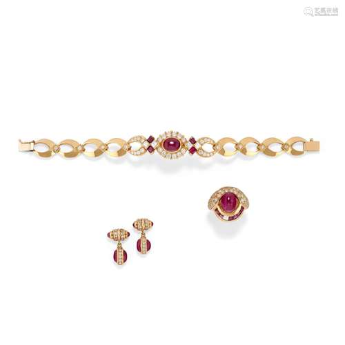 A 18K yellow gold, ruby and diamond demi-parure,