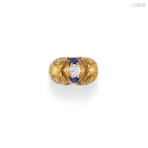 A 18K yellow gold, diamond and sapphire ring