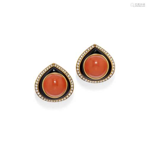 A 18K yellow gold, onyx, coral and diamond earrings