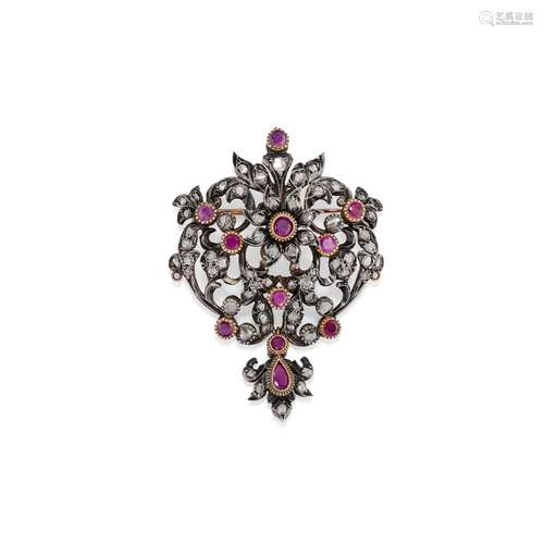 A 9K red gold, silver, ruby and diamond brooch, 19th