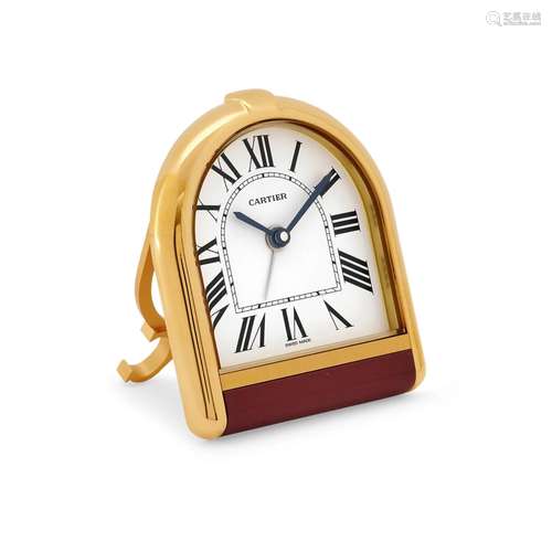 Cartier - A golden brass alarm clock with original box