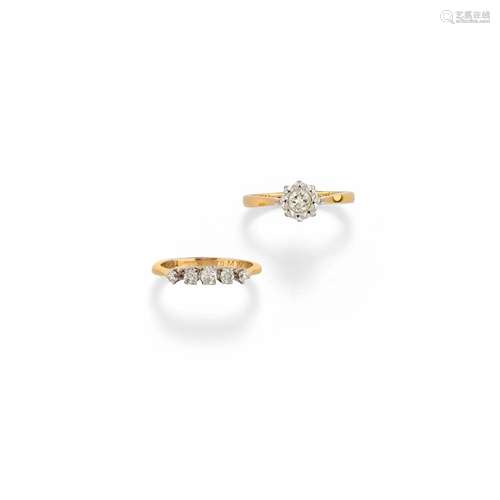 Two platinum, 18K yellow gold and diamond rings,