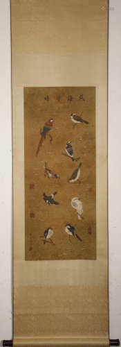 Silk scroll of flowers and birds by Xu Chongji in tang Dynas...