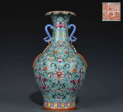 Chinese qing dynasty powder enamel ruyi binaural vase