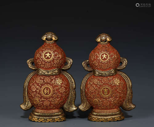 Chinese qing Dynasty carved alum red painted gold gourd wall...