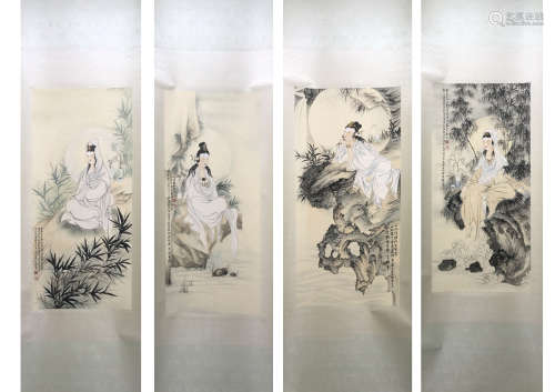 Zhang Daqian Guanyin four-screen paper vertical axis