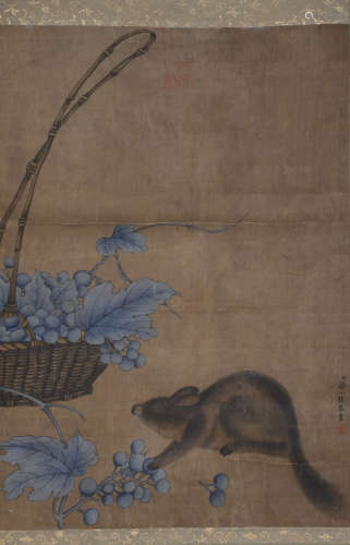 Zou Yigui squirrel grape silk scroll