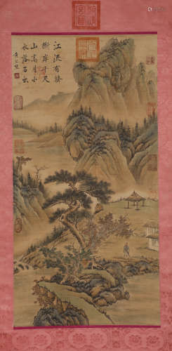 Yuan Dynasty huang Gongwang landscape figure silk scroll