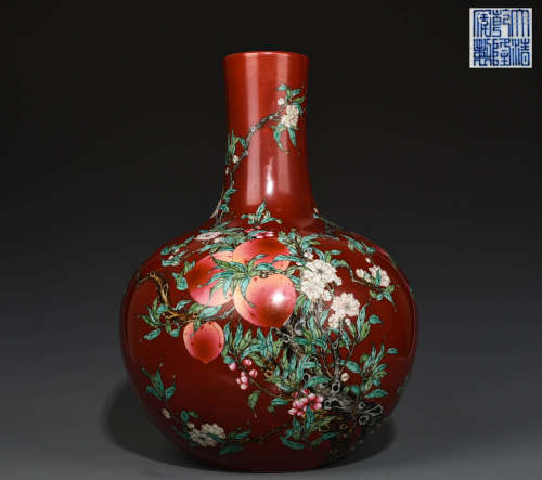 Chinese qing dynasty pastel vase with five blessings and nin...