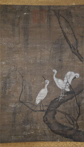 Lidi heron on silk standing scroll