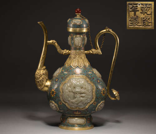Chinese cloisonne gilt inlaid and tian jade pot in qing Dyna...