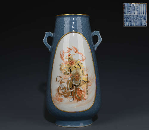 Chinese qing Dynasty sky blue glaze gold vase with two ears