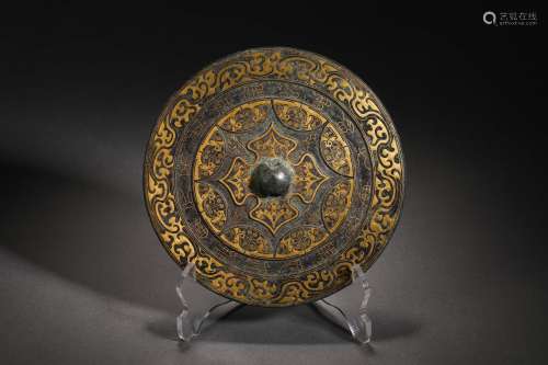 Han dynasty bronze mirror with gold inlaid silver and bronze