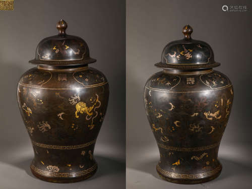 Qing Dynasty Bronze Inlaid with Gold and Silver Blessing Lon...