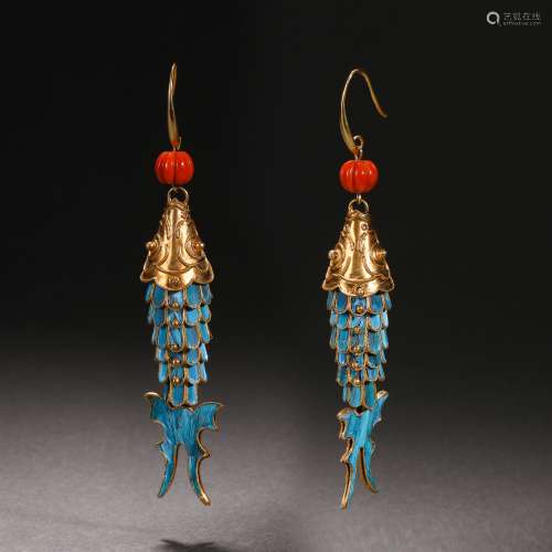 Qing dynasty silver inlaid gold dot jade earrings