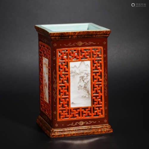 Qing Dynasty Red Glazed Square Vase