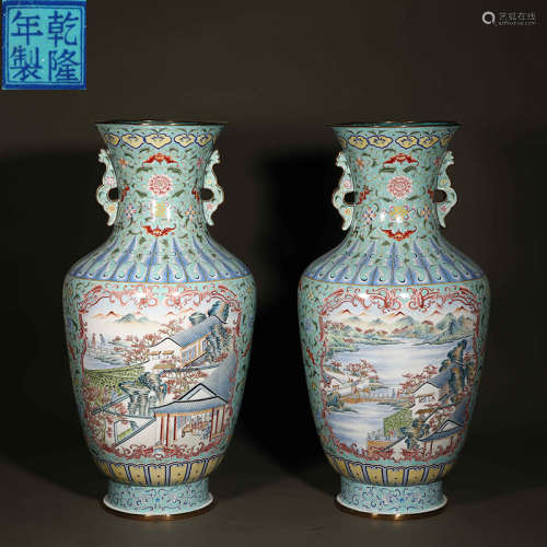 Qing dynasty painted enamel landscape big bottle