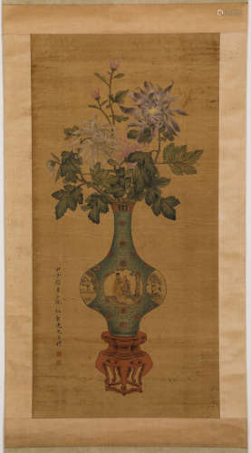 Chinese ink painting, Wang Li 
figure and flowers