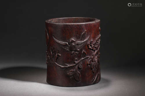 Qing dynasty agarwood and bird pattern pen barrel