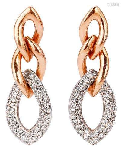 Pair of bicolour earrings with diamond pave