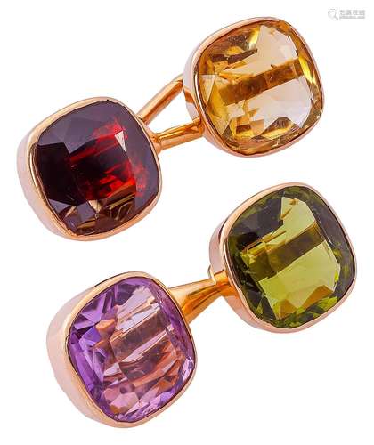 Pair of rose gold double cufflinks with multicoloured gemsto...