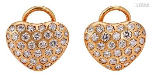 Pair of heart-shaped ear clips with diamonds