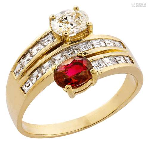 Toi-et-Moi diamond ring with pigeon-blood red ruby