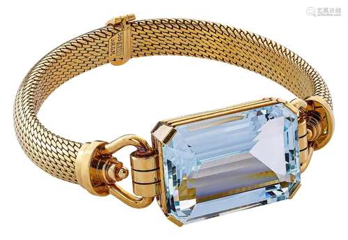 Art Deco gold bracelet with solitaire aquamarine