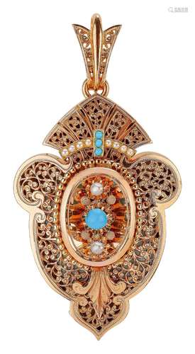 Historism locket pendant brooch with turquoises and pearls