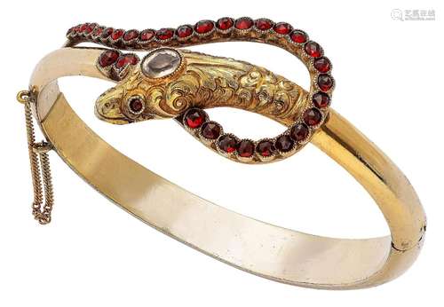 Biedermeier snake bangle with rock crystal and Bohemian garn...