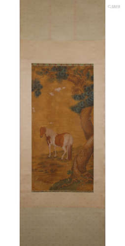 A Chinese Horse Painting Silk Scroll, Lang Shining Mark