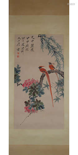 A Chinese Flower and Bird Painting Paper Scroll, Tang Yun Ma...