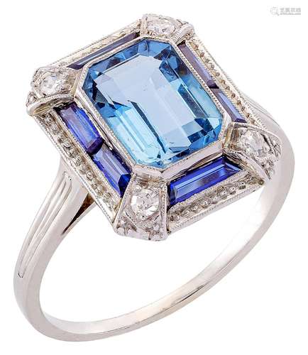 Art Deco aquamarine ring with sapphires and diamonds