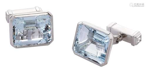 Pair of Wempe cufflinks with solitaire aquamarine and diamon...