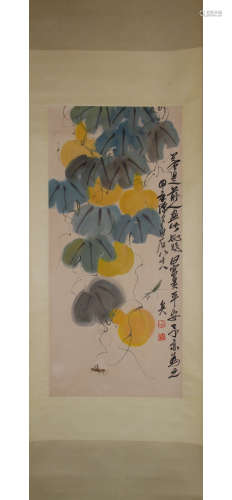 A Chinese Gourds Painting Paper Scroll, Zhang Daqian Mark