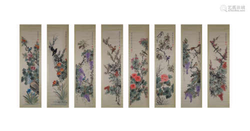 Eight Chinese Flower and Birds Painting Paper Scrolls, Jiang...