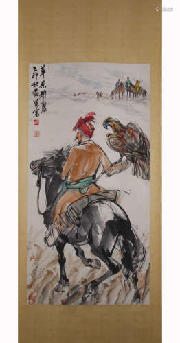 A Chinese Figure Painting Paper Scroll, Huang Zhou Mark