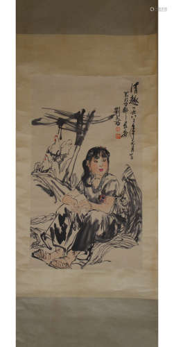 A Chinese Figure Painting Paper Scroll, Liu Wenxi Mark
