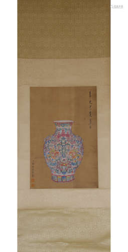 A Chinese Vase Painting Silk Scroll, Lang Shining Mark
